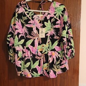 Easel Black Tropical Floral Peasant Tunic - Pink, Green & Yellow
